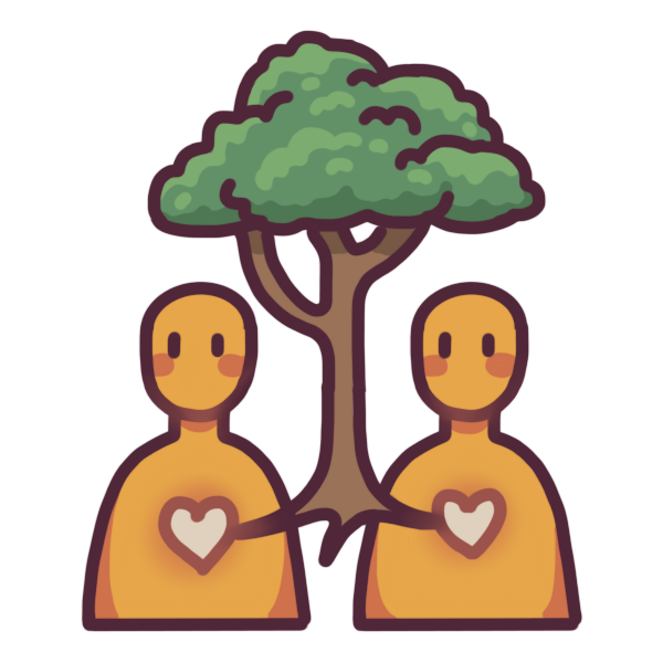two people connected by the roots of a tree, which leads to their hearts. 